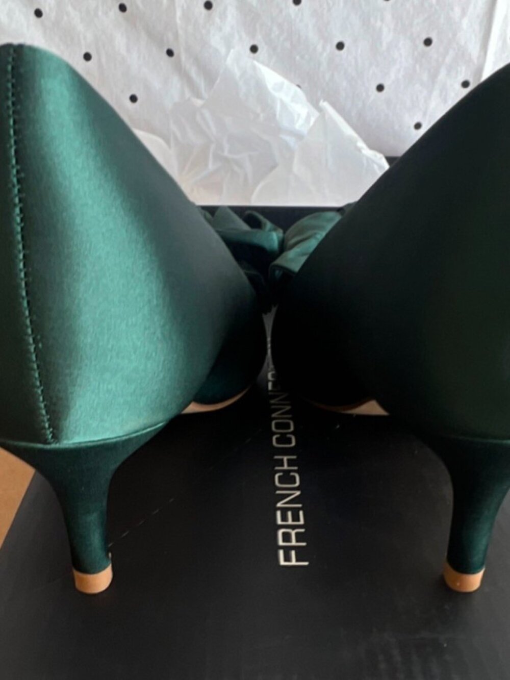 French Connection Emerald Green Bow Satin Kitten Heel Pumps - Picture 5 of 8
